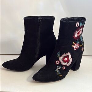 Floral Embroidered Black Ankle Boots